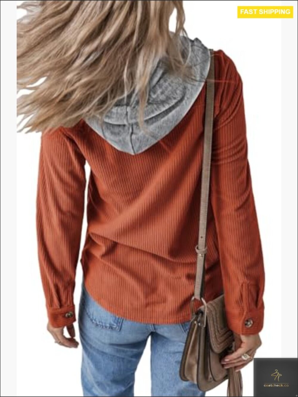 Womens Corduroy Shacket Jacket Casual Fall Long Sleeve Button Down Hooded Coat - Picture 3 of 3